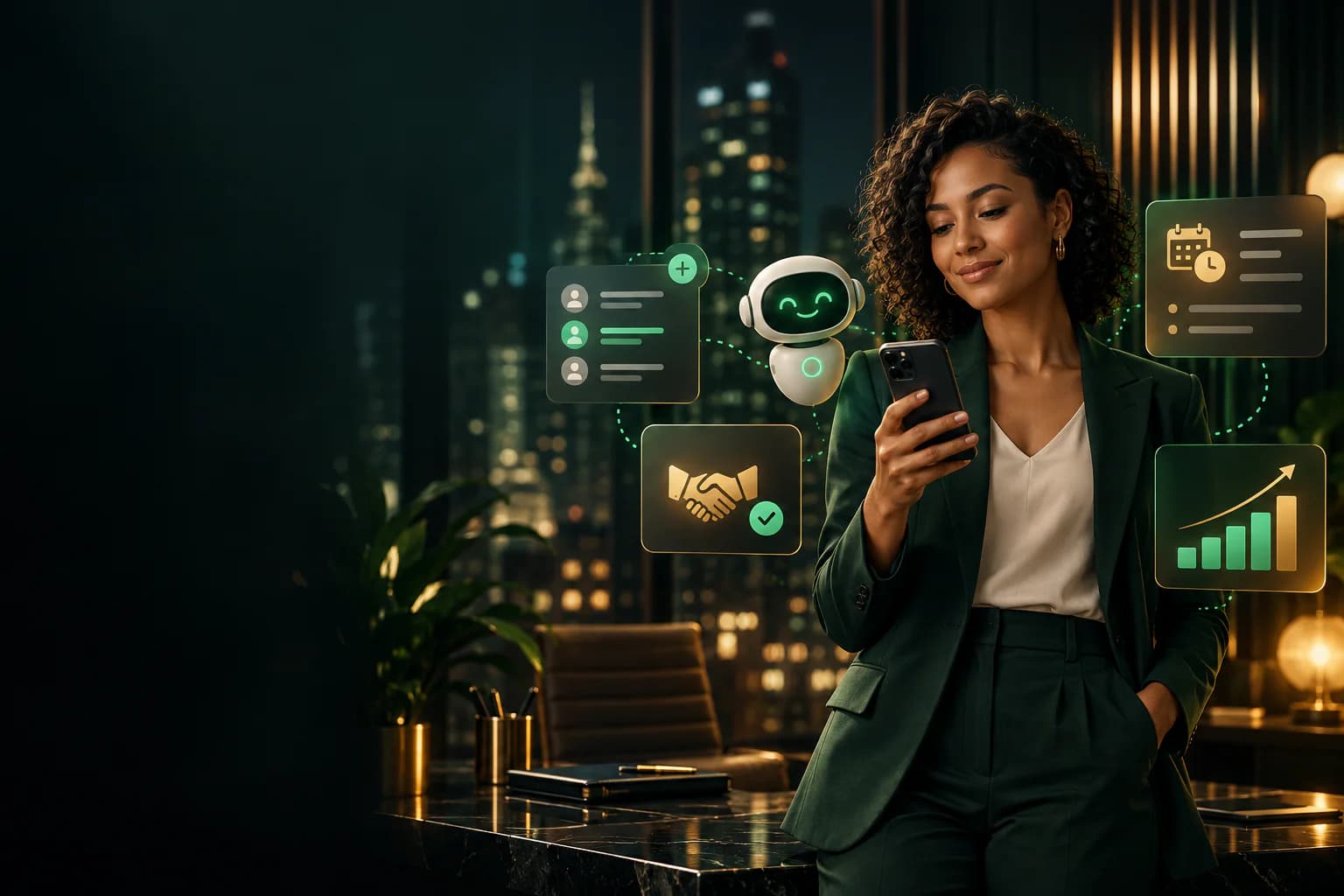 A sales agent working with an AI companion from her phone